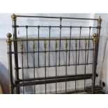 Early 20th C double bed, brass and gun metal, iron bars, later pine slats,