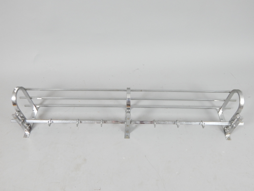 Art Deco chrome hat / coat wall hanging shelf, integral hooks, orb spacers,