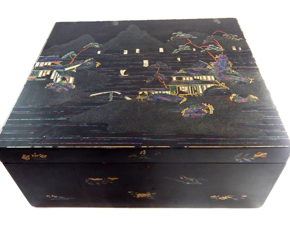 Large late 19th century Japanese black lacquer box,