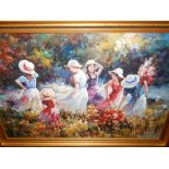 20th century school, Ladies Picking Flowers, oil on canvas laid down on board,