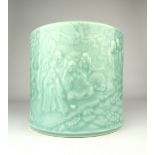 Chinese celadon green brush pot, studies of Buddha and followers meeting the Immortals,