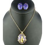 Italian style silver gilt pendant, blue enamel, gilded leaf and pearl decoration,