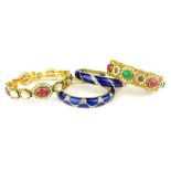 Four bangles; 2 JTF blue enamel with quartz decoration,