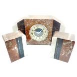 Continental Art Deco rouge marble clock garniture,