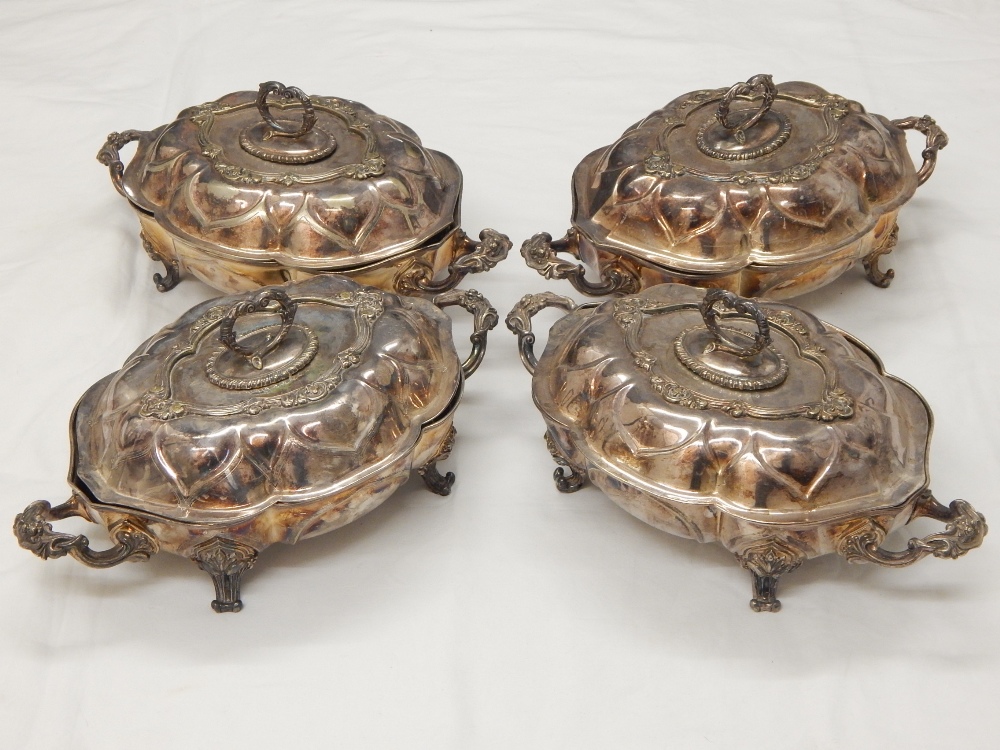 Set of four silver plate 10 section centre dishes and covers, cast Rococo decoration, - Image 2 of 6