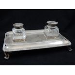 Silver desk ink stand, bead decoration, open scroll feet,