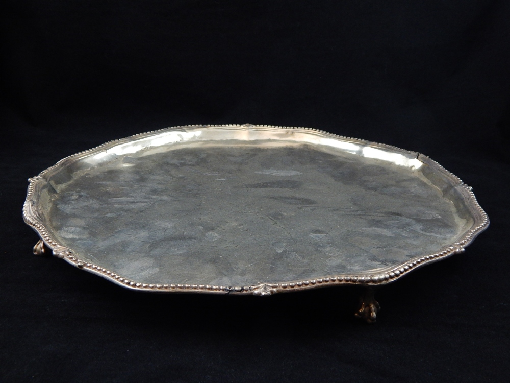 Victorian hallmarked silver circular tray, bead trim, ball and claw feet, 35cm dia. - Image 2 of 9