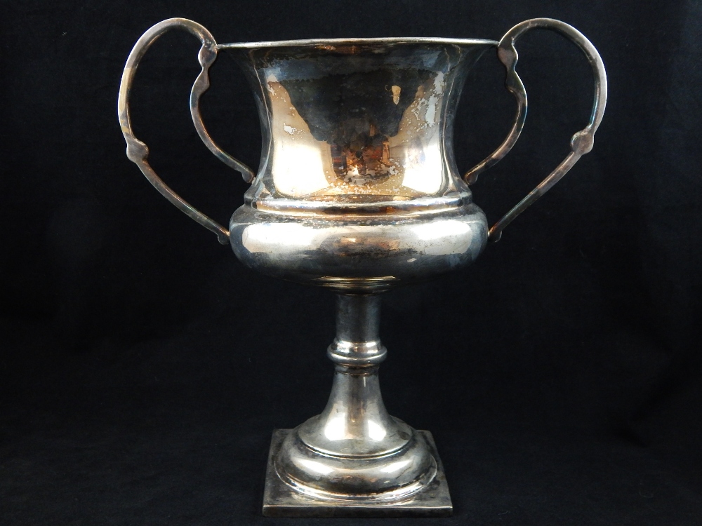 Silver plate inverted campana form twin-handled trophy cup on knopped stem, - Image 13 of 19