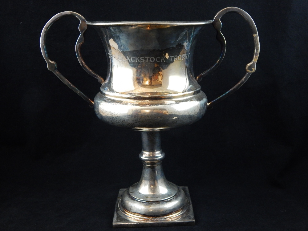 Silver plate inverted campana form twin-handled trophy cup on knopped stem, - Image 3 of 19