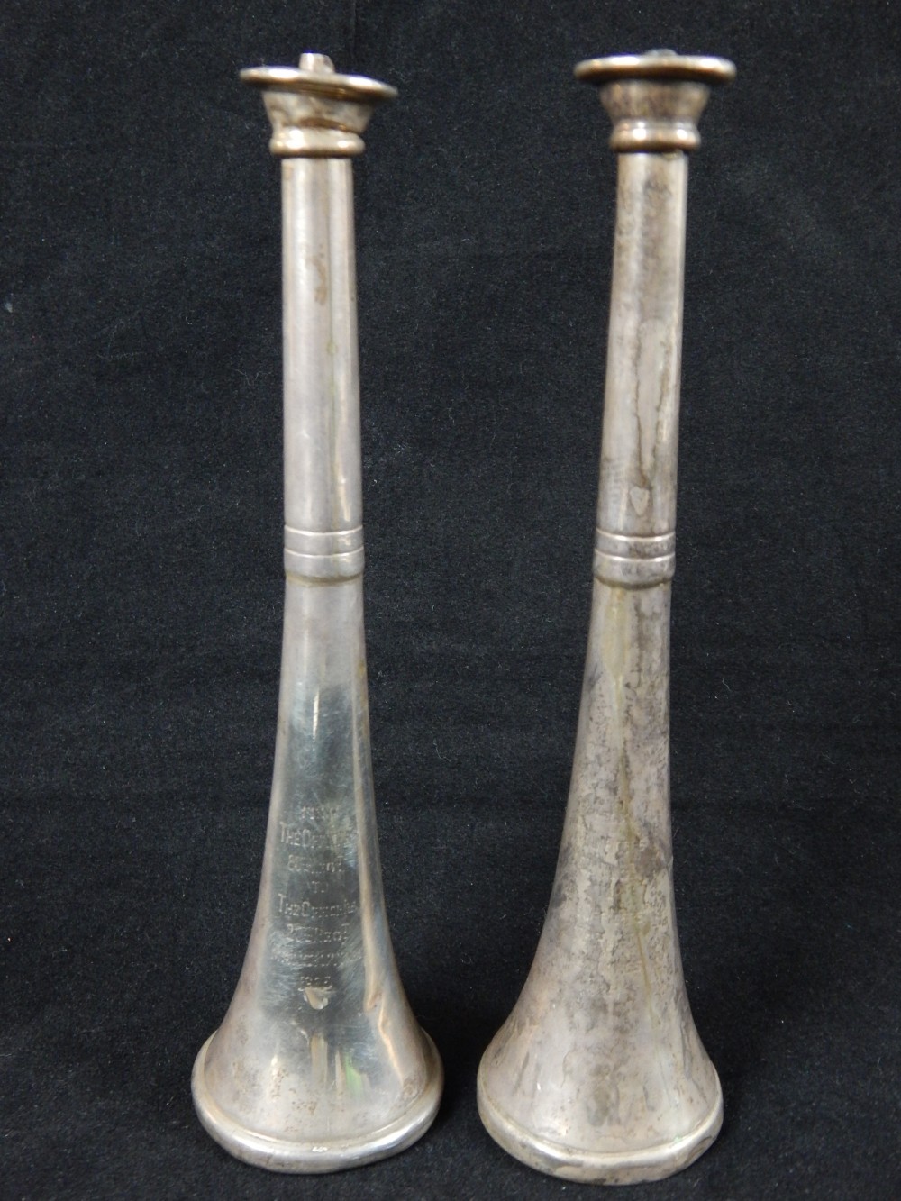 Pair of hallmarked silver hunting horns converted to stirrup cup / tapering lighter, c. - Image 5 of 25