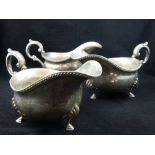 Three silver plated sauce boats, leaf handles, rope twist rim, spade feet, 24.