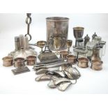 Good selection of various hallmarked silver and plated table items; decanter labels, ashtrays,