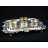 William IV hallmarked silver standish, scallop and acanthus detail to rim, floral feet, 33cm w,