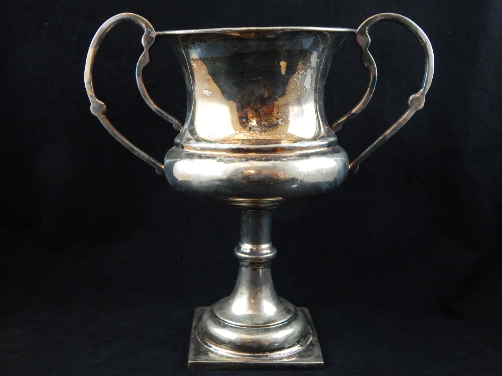 Silver plate inverted campana form twin-handled trophy cup on knopped stem, - Image 11 of 19