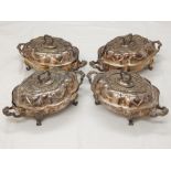 Set of four silver plate 10 section centre dishes and covers, cast Rococo decoration,