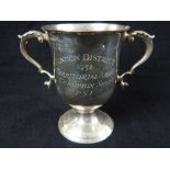 London District Territorial Army Champion Shot, hallmarked silver twin-handled trophy cup on socle,