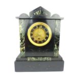 Early 20th C French black and green marble mantel timepiece, drum movement,