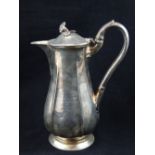 Late 19th C silver hot water jug, rose finial, worn presentation inscription, ribbed bulbous body,