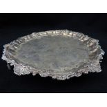 Georgian hallmarked silver salver with Rococo edge and scallops, inscription,