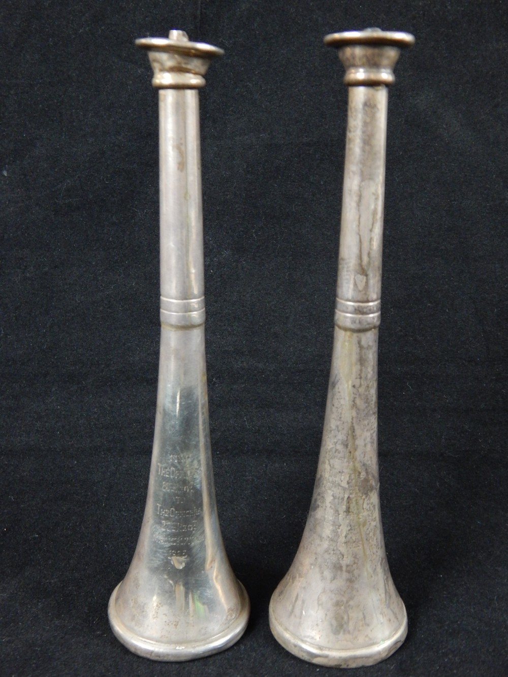 Pair of hallmarked silver hunting horns converted to stirrup cup / tapering lighter, c. - Image 3 of 25