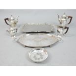 Silver plated five piece tea and coffee service, an engraved two handled tea tray and a bonbon dish.