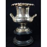 Silver plate presentation wine bottle cooler of campana urn form, Fusilier crest and banner, c.