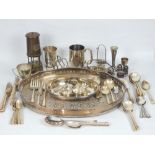 Quantity of plated ware to include a "Last Drop" tankard, oval galleried tea tray, flatware etc.