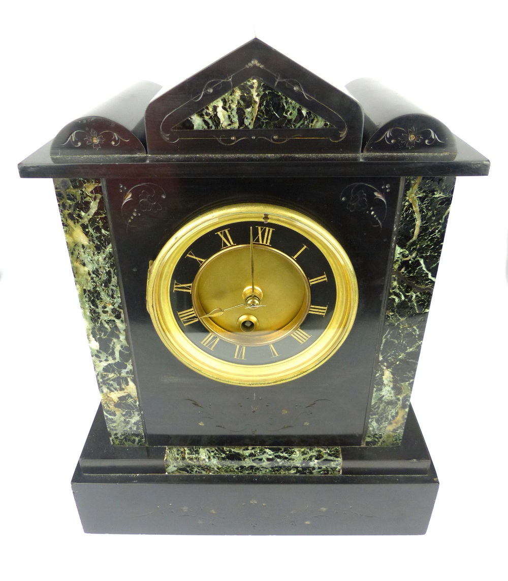 Early 20th C French black and green marble mantel timepiece, drum movement,