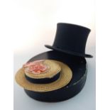 Early 20th century black silk opera hat, with original box, with a young girl's straw hat,