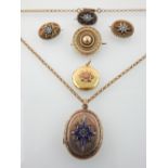 Victorian oval gilt metal and seed pearl brooch, with three other brooches and two lockets,