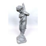 Victorian style lead garden fountain modelled as a putto holding a carp 100 cm H