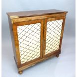 George IV rosewood side cabinet enclosed by two brass grille doors on turned ball feet,