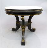 19th century Empire style ebonised low table, with gilt metal mounts and a later white marble top,