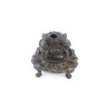 Chinese bronze censer, the cover cast with a fish on a lily pad, 11 cm H.