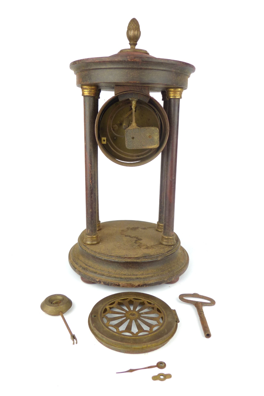 Early 20th C portico clock, pineapple finial, four columns, brass cross keys mechanism. - Image 3 of 3