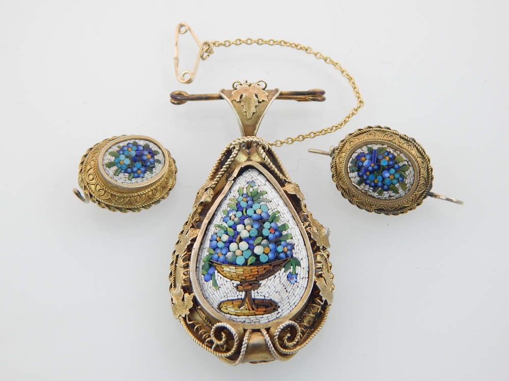 Early 20th century micro mosaic pendant brooch, the central drop with flowers,