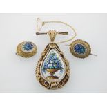 Early 20th century micro mosaic pendant brooch, the central drop with flowers,