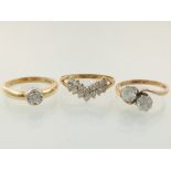 A 9ct gold and diamond ring sold with two other 9ct gold and white stone rings.