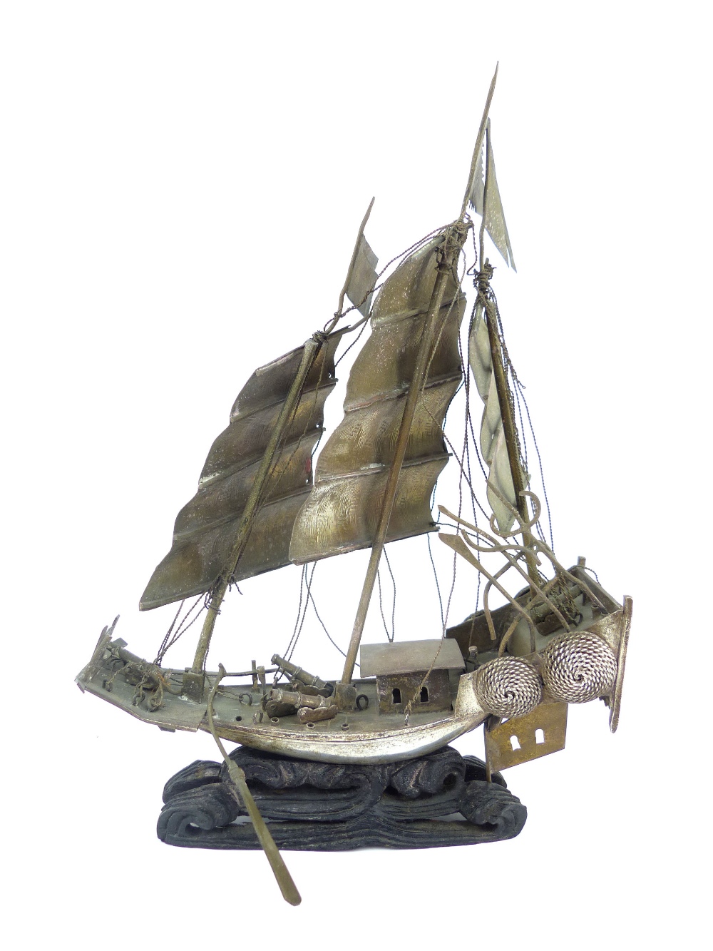 Chinese silver model of a three mast war junk on carved hardwood base, 23cm h. - Image 3 of 5