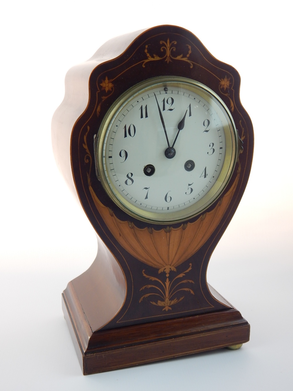 Edwardian marquetry inlaid mahogany mantel clock,