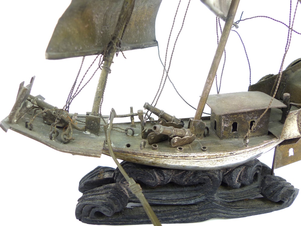 Chinese silver model of a three mast war junk on carved hardwood base, 23cm h. - Image 5 of 5