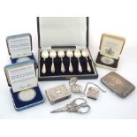 Boxed set of six George V silver teaspoons, three cased commemorative silver medallions,