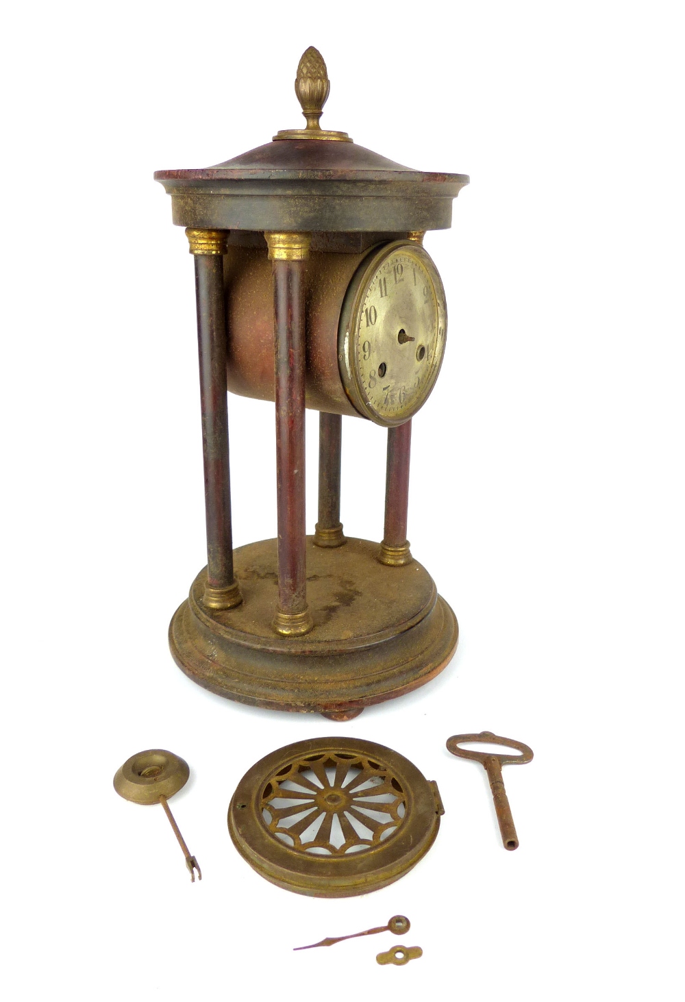 Early 20th C portico clock, pineapple finial, four columns, brass cross keys mechanism. - Image 2 of 3