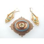 Pair of 9ct gold ear pendants, the drops set with turquoise,