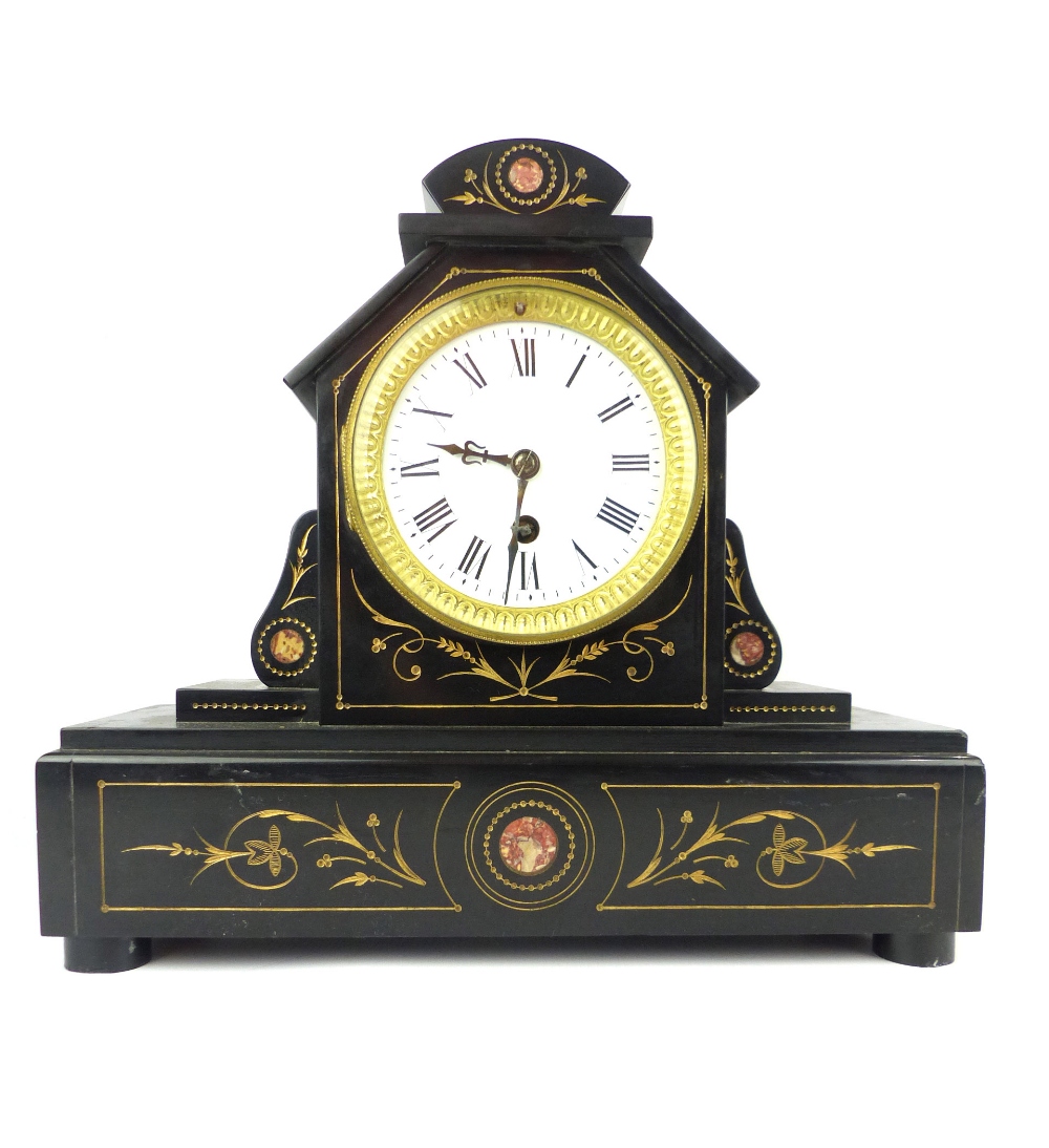 Early 20th C French black marble mantel timepiece, drum movement, enamel dial with Roman numerals,