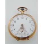 Gold cased pocket watch, stamped 14k, the white enamel dial set out in Arabic numerals,