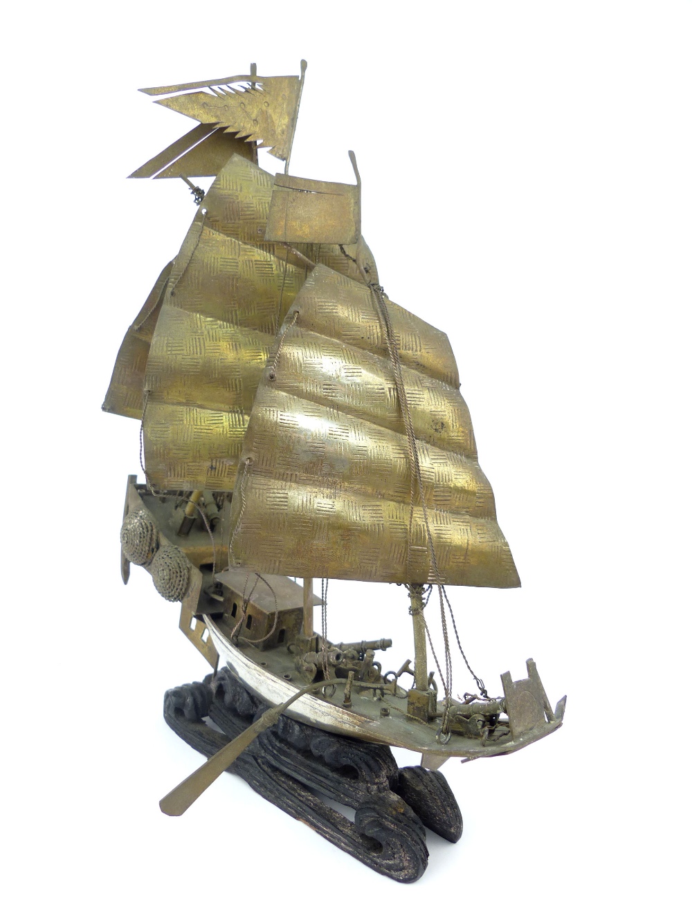 Chinese silver model of a three mast war junk on carved hardwood base, 23cm h. - Image 2 of 5