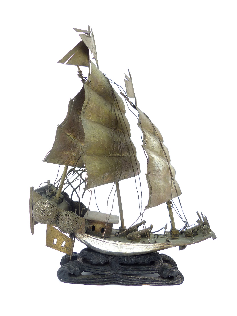 Chinese silver model of a three mast war junk on carved hardwood base, 23cm h.