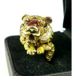 18ct and enamel tiger head ring by Pierino Frascarolo, gem set,