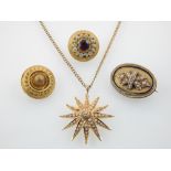 14ct yellow gold, seed pearl star pendant, Victorian oval enamel and seed pearl brooch,